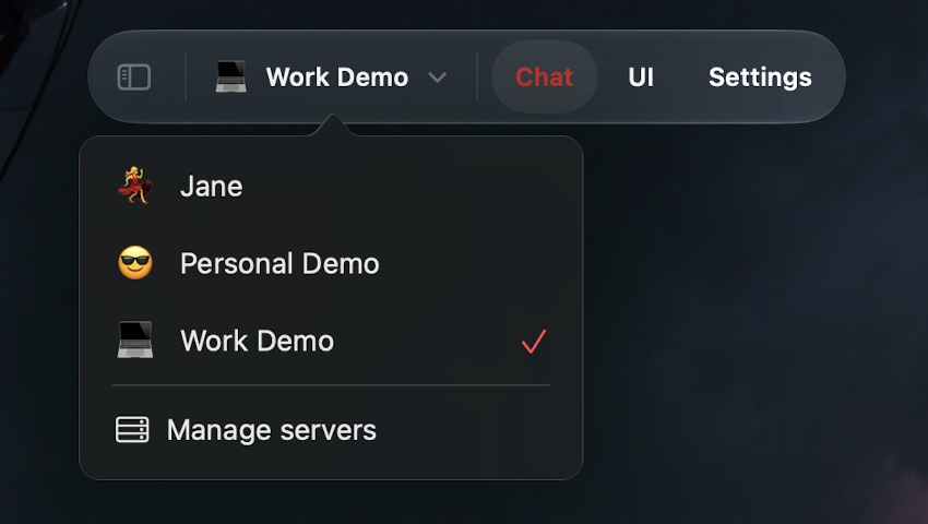 El selector de servidores de PocketHook en Mac, con Work Demo seleccionado
